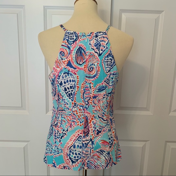 🌴Lilly Pulitzer Blue Print White Embroidered Halter Top - Picture 3 of 5